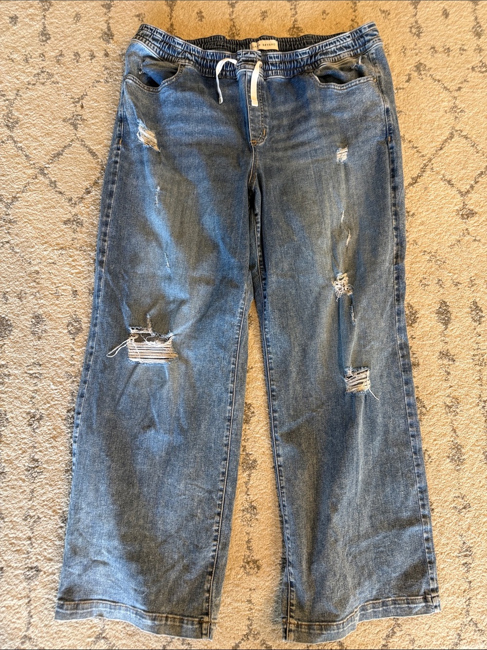 Wide Leg Distressed Blue Denim Pull On Jeans